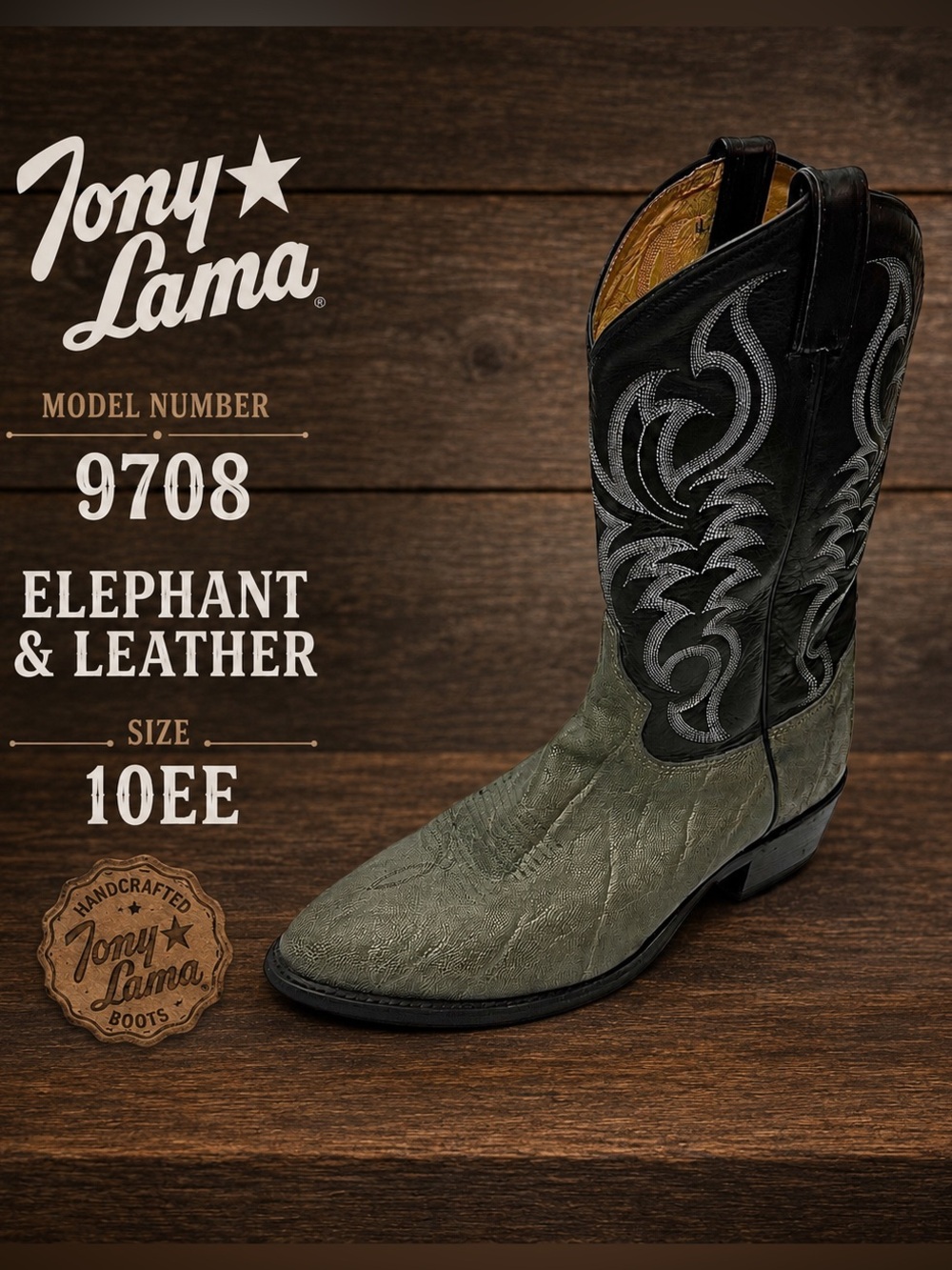 Tony Lama Mens Vintage Grey & Black Exotic Elephant & Leather Cowboy Boots  10EE
